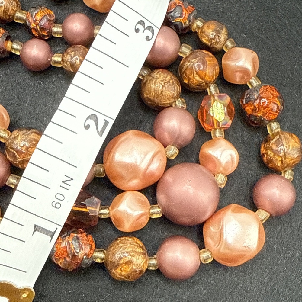 Vintage Japan Triple Strand Faux Pearl Necklace Peach Brown Orange 17-19 inches - Picture 10 of 10